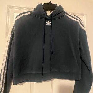 adidas Navy Blue Cropped Hoodie with White Stripes